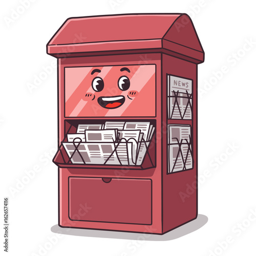 Vector art of cartoon newspaper stand with a friendly face, filled with newspapers, ready for sale