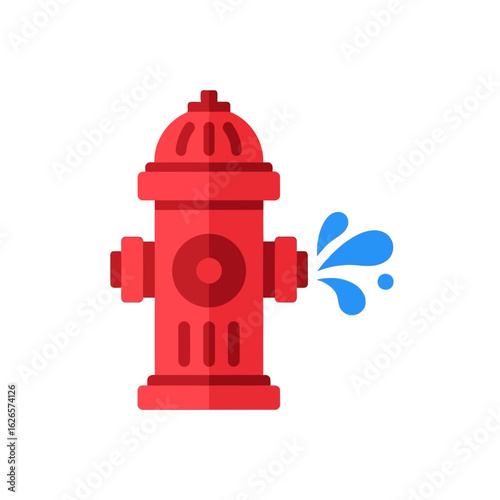 Vector art of a bright red fire hydrant with blue water spraying from its side, isolated on white background
