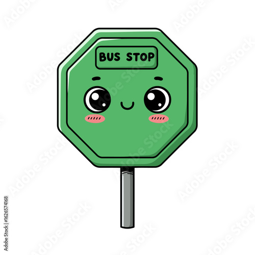Vector art of a cute, smiling green octagonal bus stop sign with big eyes and pink blush, isolated on white background
