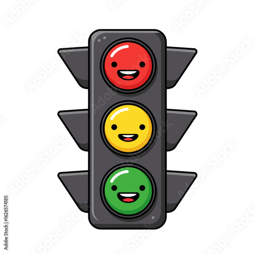 Vector art of a cute, happy traffic light with red, yellow, and green lights, isolated on white background
