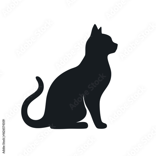 Elegant black cat silhouette sitting in profile. A clean and simple vector illustration icon of a domestic feline pet on a white background.