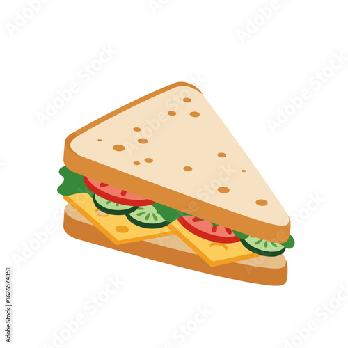 Vector art of a delicious triangular sandwich with cheese, lettuce, tomato, and cucumber, isolated on white background