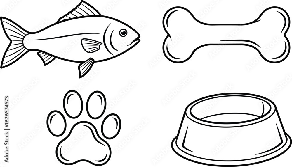 Naklejka premium Illustration of pet icons including a fish, bone, paw, and bowl, perfect for animal lovers and petrelated designs