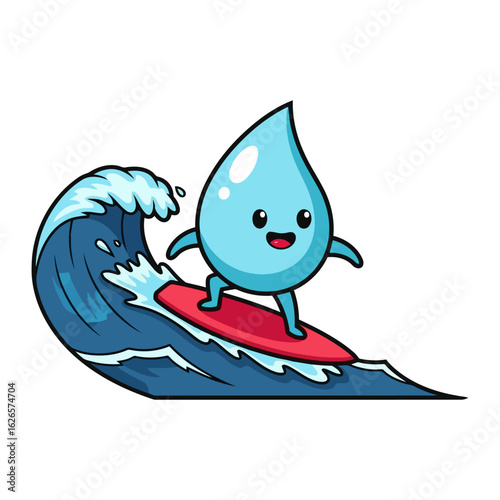 Vector art of cute cartoon water drop character happily surfing on a red surfboard on a large blue wave, isolated on white background