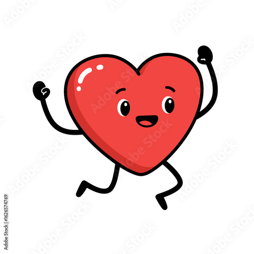 Vector art of a cheerful cartoon heart character with arms and legs, happily dancing, isolated on white background