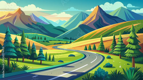 Nestled between green slopes, the curved asphalt road meanders like a ribbon. Trees stand quietly nearby, and distant mountains blend into the serene horizon of this tranquil scenic landscape.