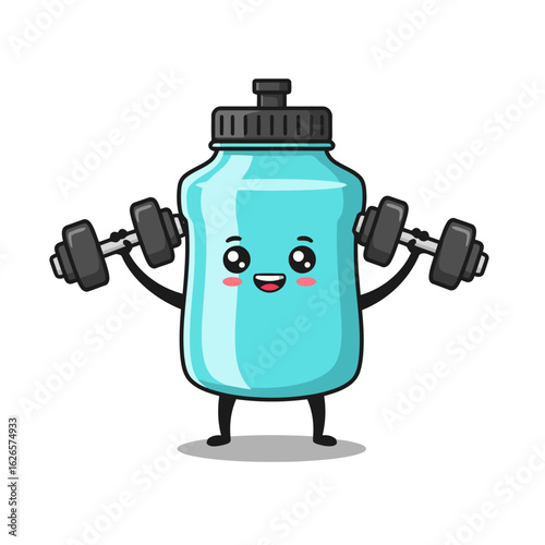 Vector art of cute cartoon water bottle character happily lifting dumbbells, isolated on white background