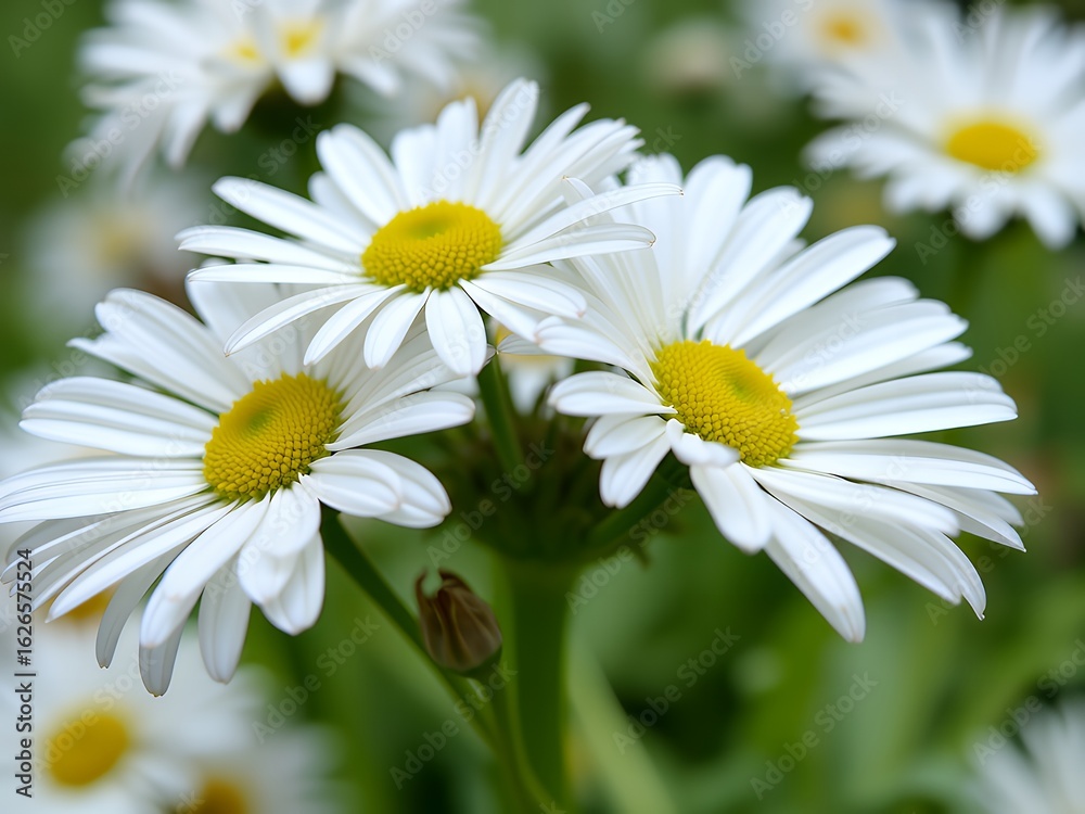 Fototapeta premium Close up of delicate white daisies with yellow centers in soft focus