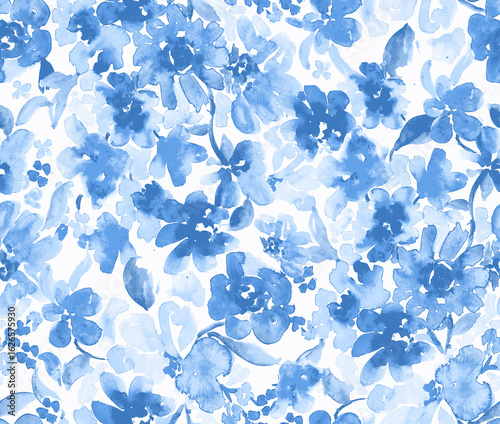 Beautiful blue floral abstact watercolor textured seamless pattern 