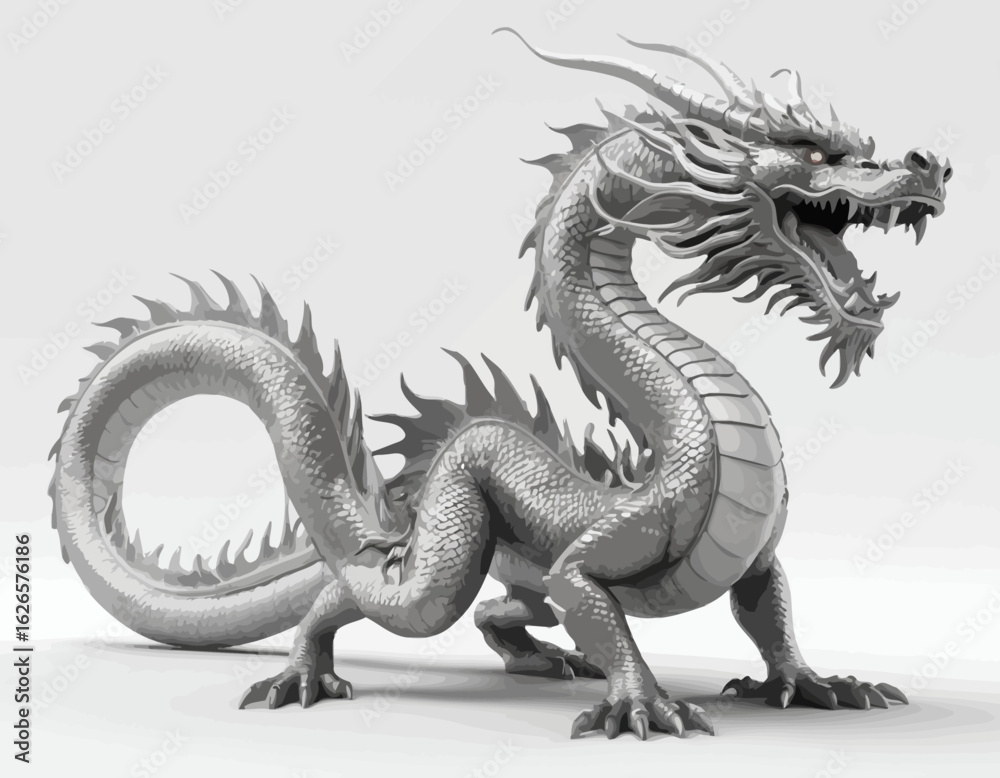 Obraz premium The dragon is presented in a monochrome palette, primarily in shades of gray and white, which highlights its intricate textures and forms. Its long, serpentine body is coiled, and it is depicted with
