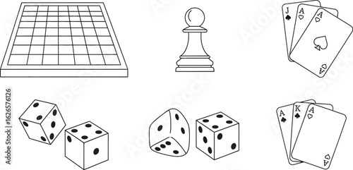 Illustration of a board, pawn, cards, and dice, representing games of strategy, luck, and chance