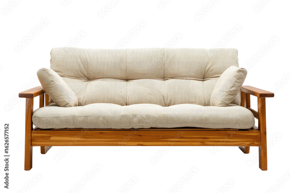 Fototapeta premium Light beige fabric sofa with wooden frame