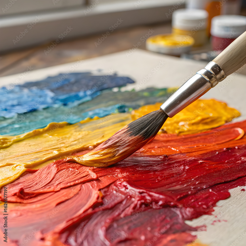 Obraz premium Artist's brush blends vibrant oil paints creating a colorful masterpiece on canvas