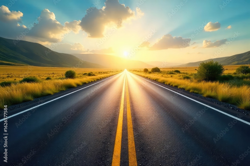 Naklejka premium Endless asphalt ribbon vanishing into the hazy distance, sun-drenched landscape stretching towards the horizon A scenic summer highway journey awaits , destination, distance, day