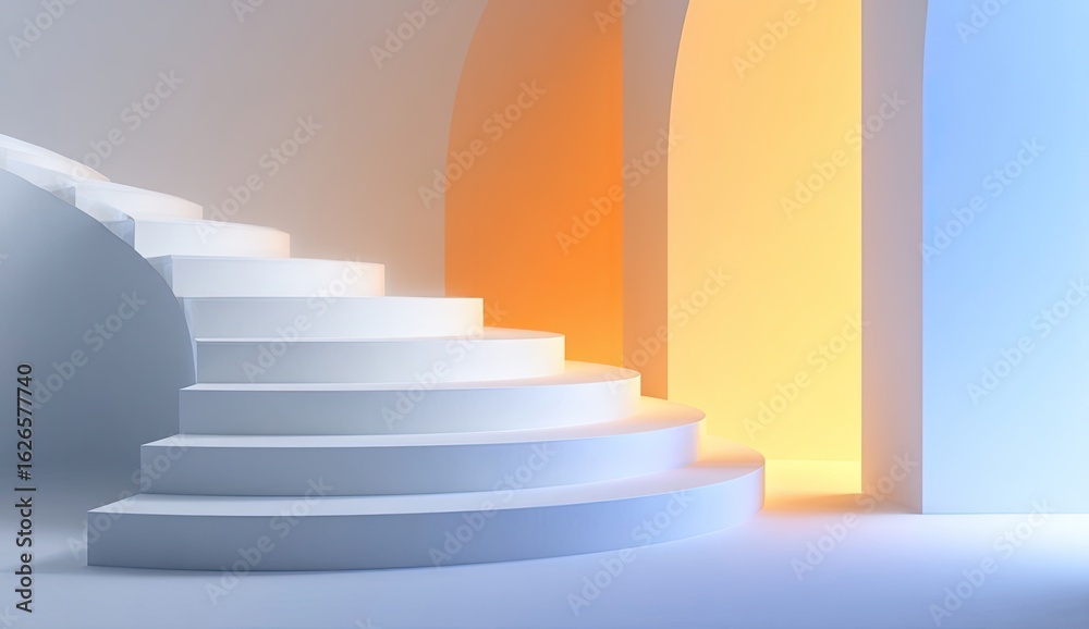 Fototapeta premium White spiral staircase leading to a brightly lit, orange-and-blue archway