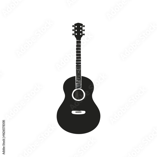 Acoustic guitar icon with a grunge texture. Black silhouette of a stringed musical instrument. Simple flat vector symbol for music.