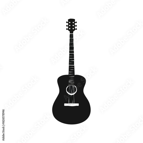 Black acoustic guitar silhouette, a simple string instrument icon for musical concepts. Vector graphic illustration for hobby or band design.