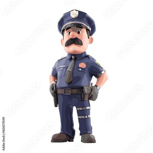 Cartoon police officer in uniform with a stern and confident expression.