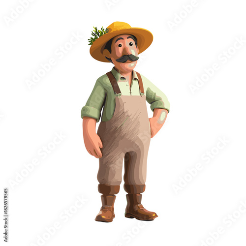 A cheerful farmer, depicted with a smile, donning overalls and a hat.