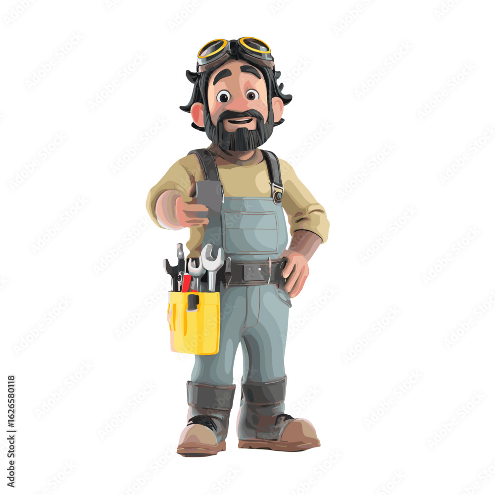 Naklejka premium A Cartoon of a mechanic with tool kit.