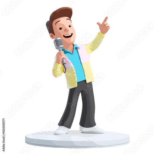 A cheerful performer holding a vintage microphone, captivating the audience.