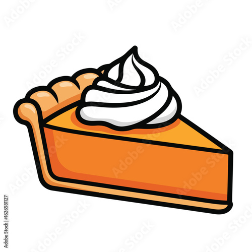 Cartoon illustration of a single slice of pie topped with whipped cream on a white background isolated graphic