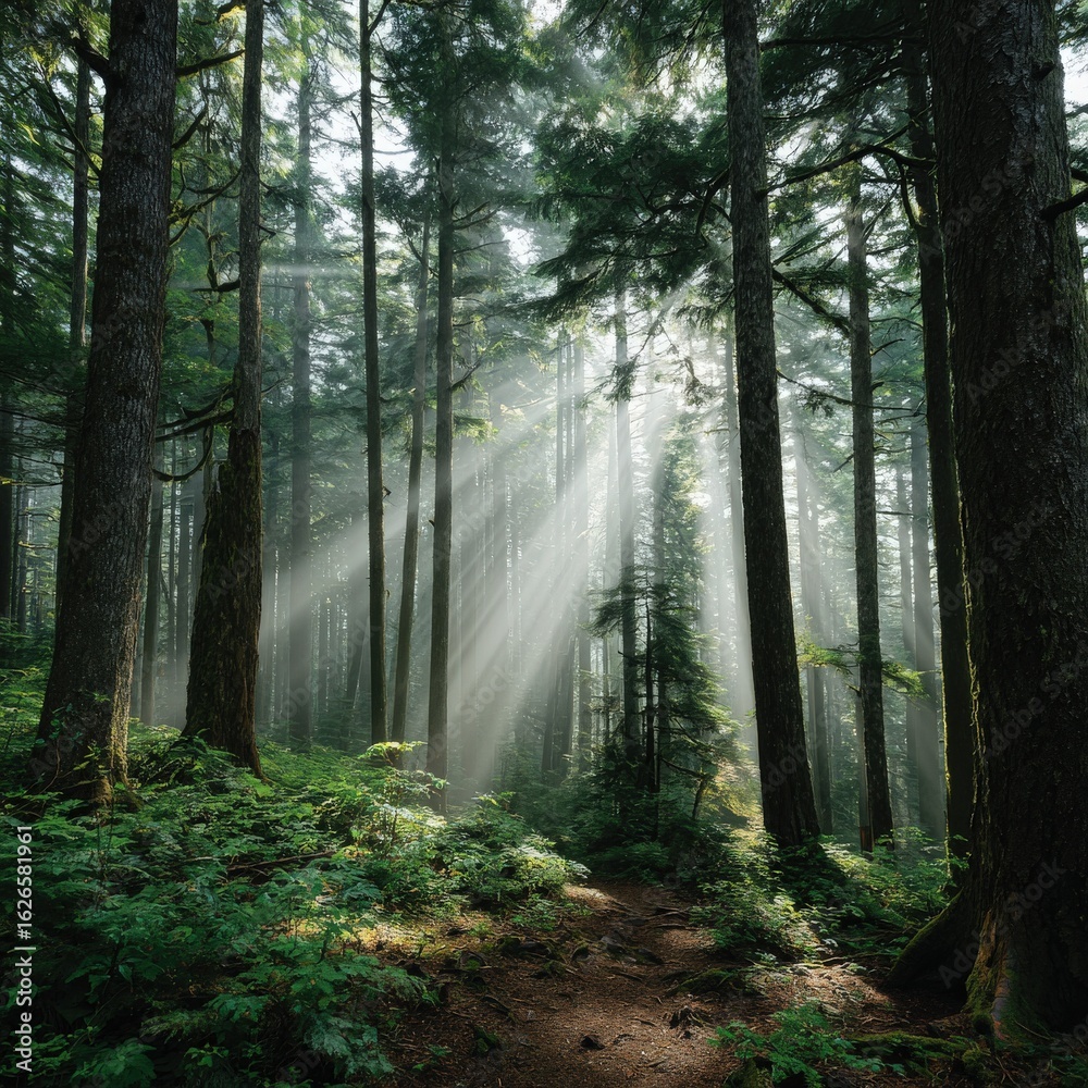 Fototapeta premium Sunlit Forest with Trees and Ground Vegetation