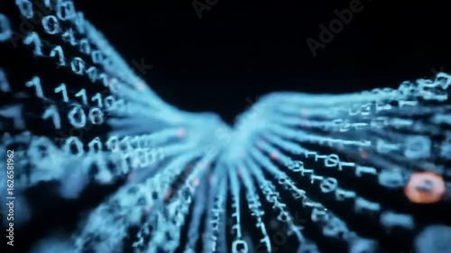 Digital streams of binary code in a futuristic matrix-style animation. Abstract technology background representing big data, internet, and information flow.
