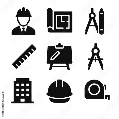 A collection of solid glyph icons representing architecture, engineering, and construction concepts. Symbols for design and building - the architect profession.