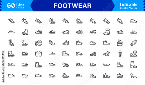 Sports Footwear Professional Line Icon Set – Modern, Minimal, Pixel Perfect Athletic Shoe Symbols