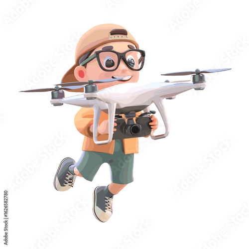 A joyful boy is flying with the drone camera.