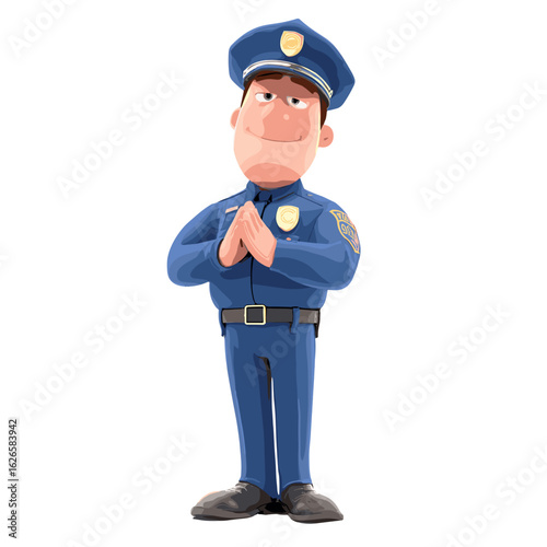 Cartoon style police officer standing and smiling.