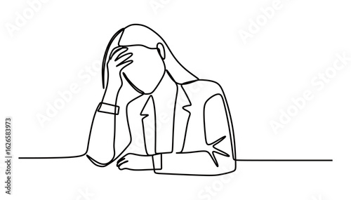 Continuous line art of a woman who is stressed and tired of her work. The concept of exhaustion after a long day at work.