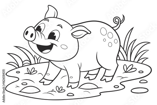 Coloring Pages, smiling piglet in the mud, cartoon style, uncolored, for kids to color