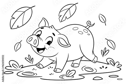 Coloring Pages, smiling piglet in the mud, cartoon style, uncolored, for kids to color