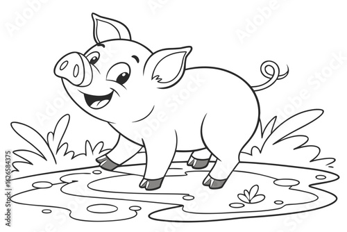 Coloring Pages, smiling piglet in the mud, cartoon style, uncolored, for kids to color