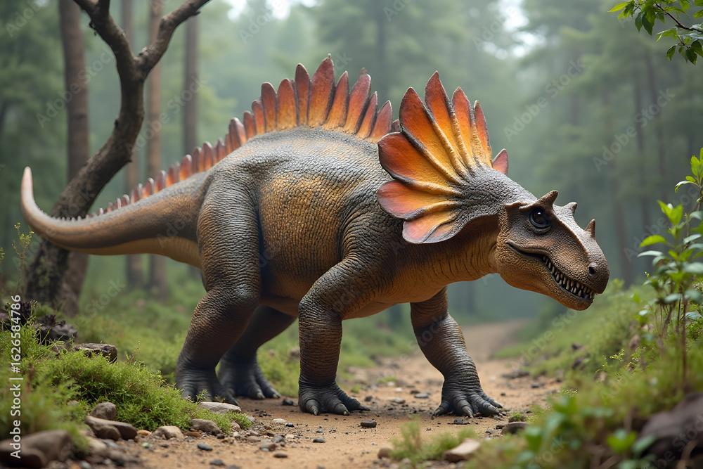 Dinosaur Walking on Forest Path Amidst Green Trees Dinosaur Walking on Forest Path Amidst Green Trees