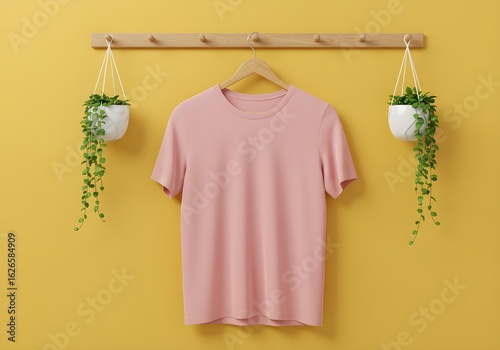 Wallpaper Mural Minimalist fashion concept featuring a blank pink t-shirt on a wooden hanger against a yellow wall with decorative hanging plants. Torontodigital.ca