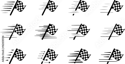 Vector art of set of checkered racing flags with motion blur, isolated on white background