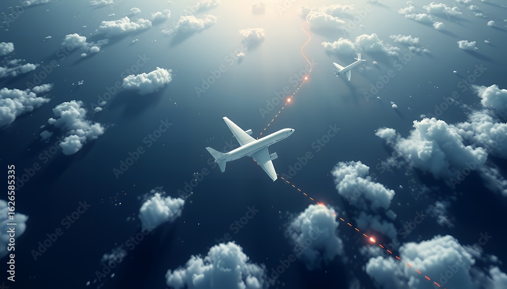 Naklejka premium Airplane flying through clouds towards bright sunlight from above