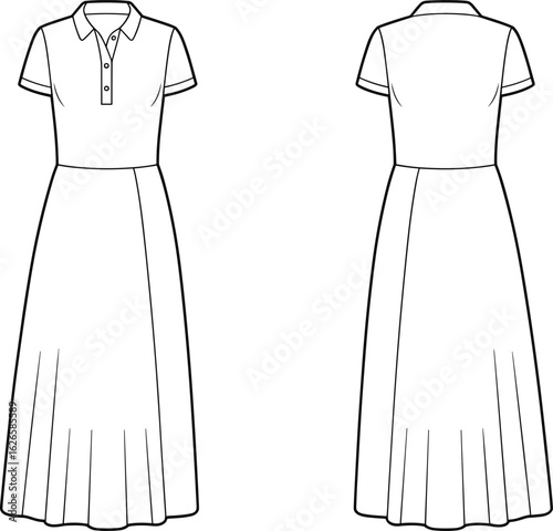 
Flat vector illustration of women’s polo collar maxi dress with short sleeves and button placket, front and back views, fashion design template