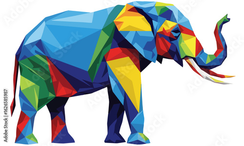A vibrant, multi-colored elephant in a geometric low-poly style, a modern abstract design symbolizing creativity and diversity.