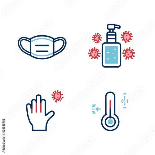 Icon set illustrates safety measures: mask, sanitizer, temperature check, hand sanitation.