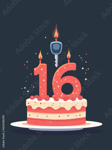Age 16 – Birthday cake with number “16” candle, car key and steering wheel icon, palette: chrome, black, red, white