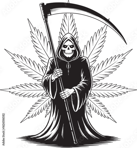 Grim reaper with cannabis leaf isolated silhouette line art illustration design stock photos royalty free image premium quality
