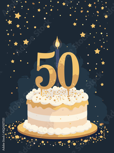 Age 50 – Birthday cake with number “50” candle, fifty gold stars and confetti, palette: gold, black, white, silver