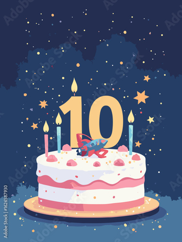 Age 10 – Birthday cake with “10” candles, ten stars and a rocket toy, palette: cobalt, silver, white, midnight blue
