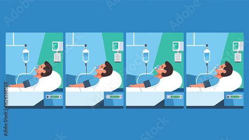 Hospitalization concept with a patient in a medical bed with an IV drip. Flat vector illustration.