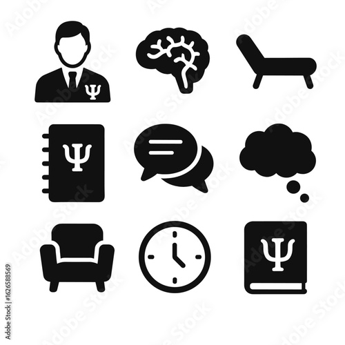 A collection of black glyph icons representing psychology, mental health, therapy, and counseling concepts - the psychology profession.