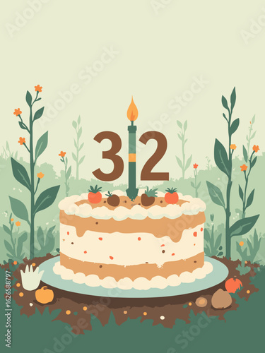 Age 32 – Birthday cake with “32” candle, gardening spade and seed packets, palette: leaf green, brown, cream, sky